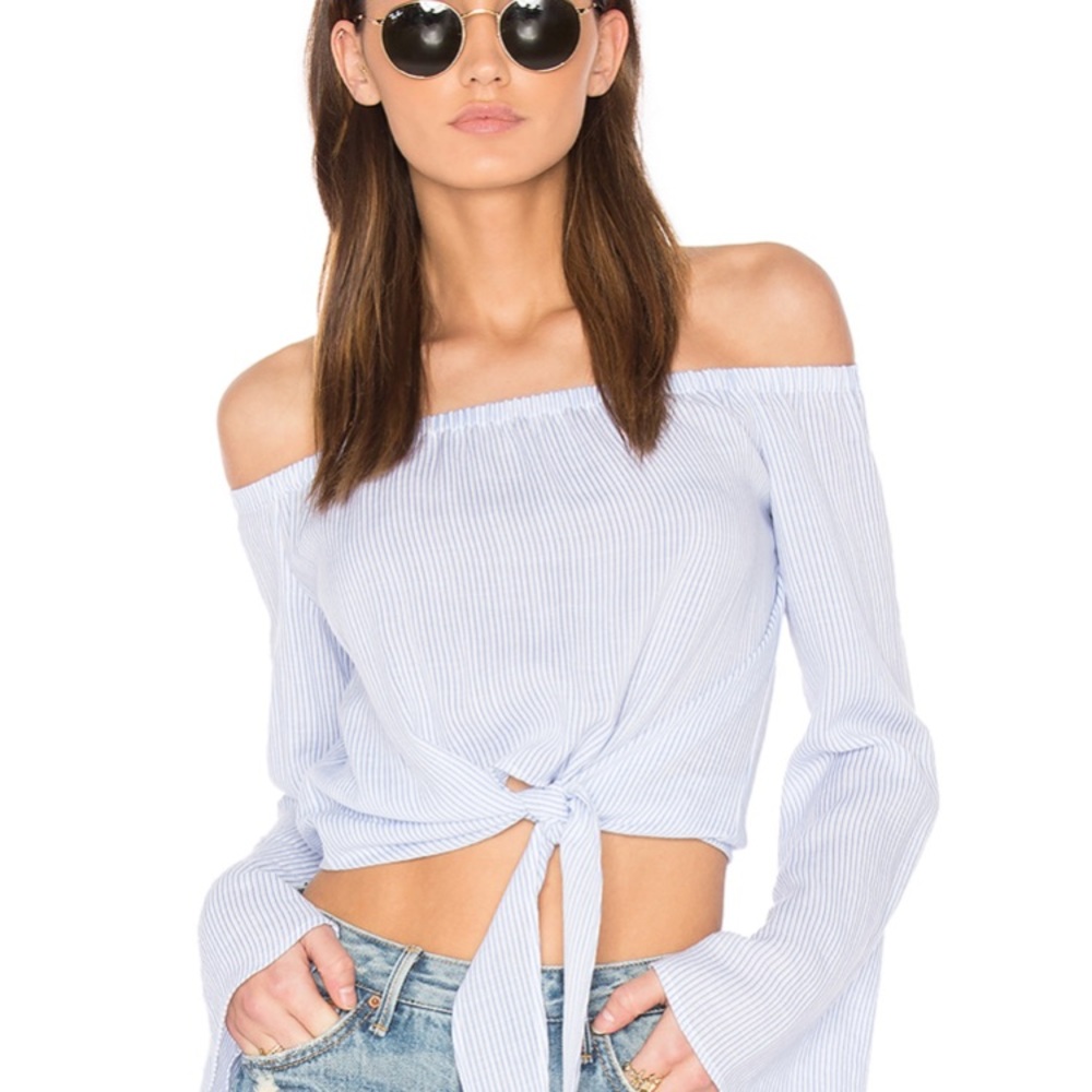 Blue and white stripe off shoulder top